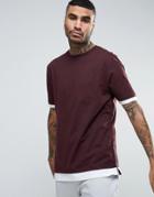 Asos Longline T-shirt With Contrast Cuff And Hem And Side Zips In Oxblood/white - Red