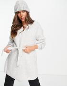 Topshop Knitted Balloon Sleeve Belted Wrap Cardi In Gray Heather-grey