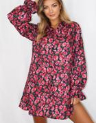 Missguided Shirt Dress With Frill Cuff In Red Floral