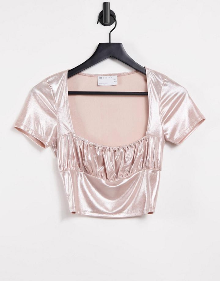 Asos Design Metallic Ruched Bust Crop Top-silver