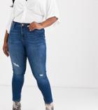 River Island Plus Molly Skinny Jeans With Distressing In Dark Wash Blue-blues