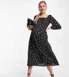 Asos Design Maternity Square Ruched Neck Midi Dress In Mono Dot Print-multi