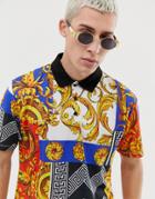 Asos Design Relaxed Polo With All Over Baroque Print - Multi