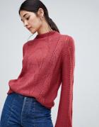 Vila Open Knit Cable Knit High Neck Sweater-red