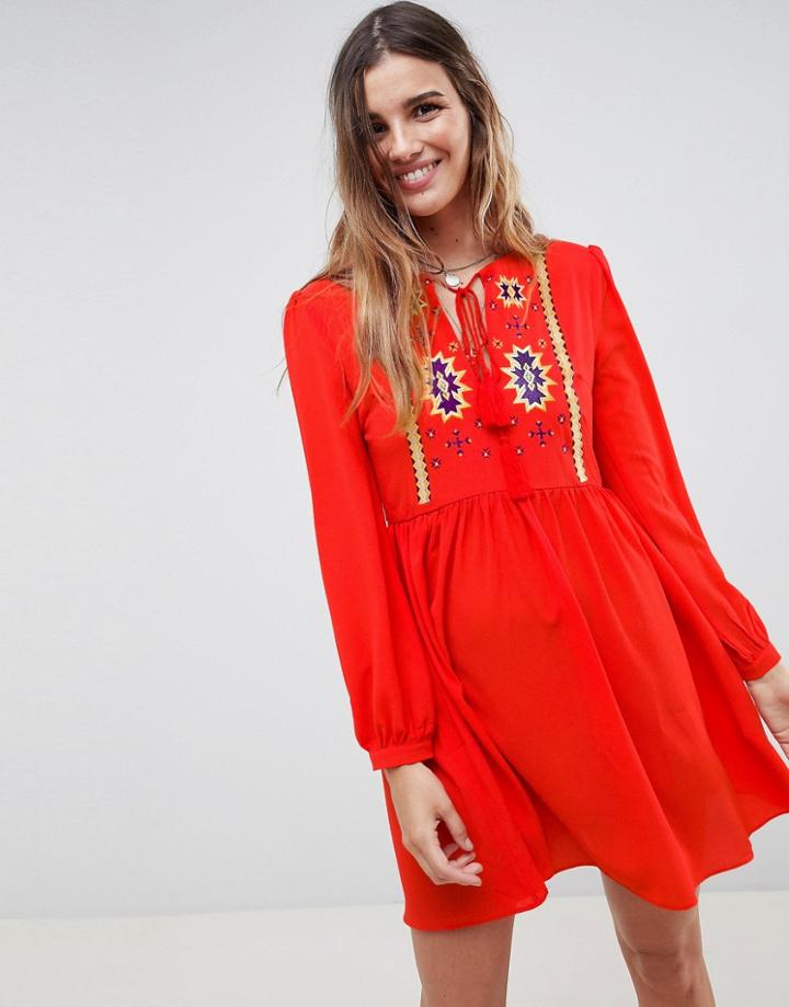 Glamorous Smock Dress With Tassle Ties And Embroidery