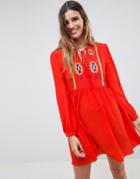 Glamorous Smock Dress With Tassle Ties And Embroidery