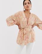 Asos Design Kimono With Fluted Sleeve In Paisley Print-multi