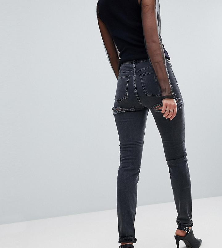 Asos Tall Farleigh High Waist Slim Mom Jeans In Washed Black With Bum Rips - Black