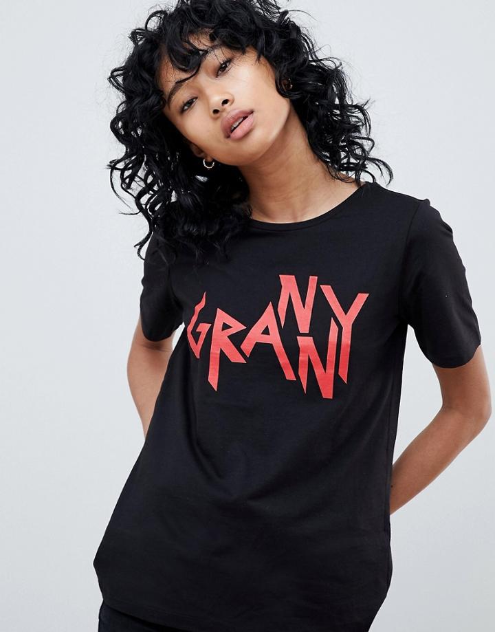 Pieces Granny Print T-shirt - Black