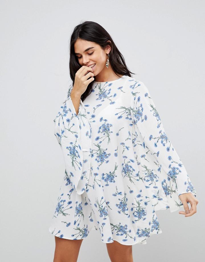 Ax Paris Floral Long Sleeve Smock Dress - White