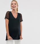 Asos Design Maternity Nursing V Neck T-shirt With Heart Dobby Mesh Sleeve - Black