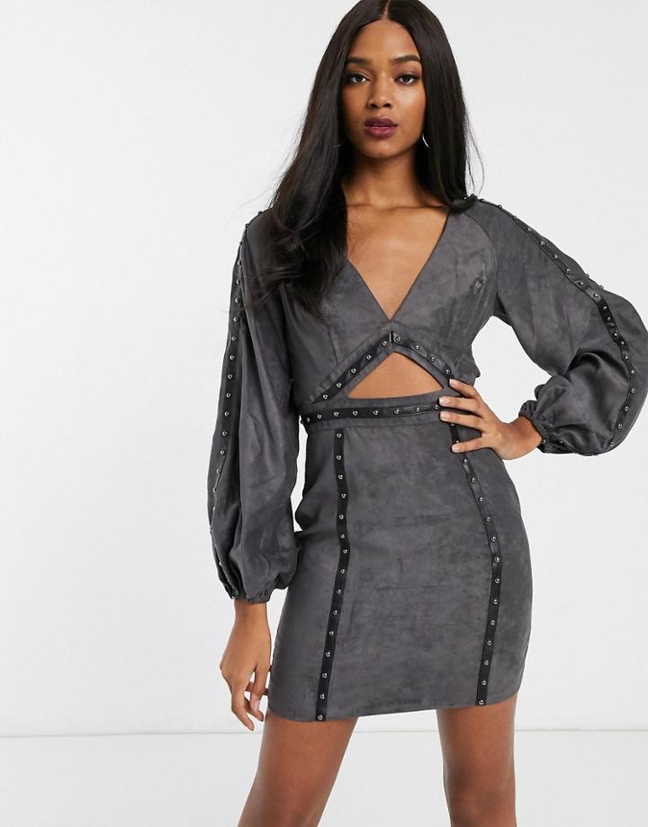 Asos Design Suedette Mini Dress With Cut Out And Stud Detail-gray