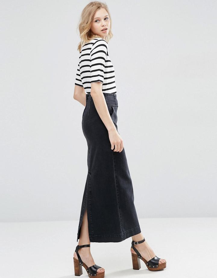 Asos Denim High Waist Stretch Skirt In Washed Black - Black