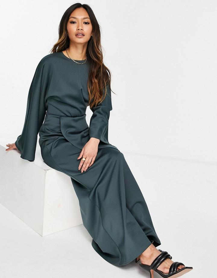 Asos Design Front Twist Maxi Dress With Fluted Sleeve In Forest Green