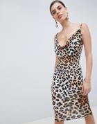 Asos Design Slinky Mini Dress With Cowl Neck In Leopard Print - Multi
