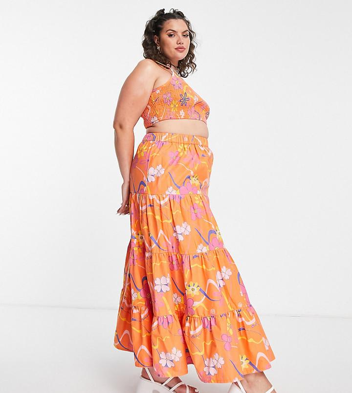 Collusion Plus Floral Tiered Maxi Skirt In Orange