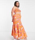 Collusion Plus Floral Tiered Maxi Skirt In Orange