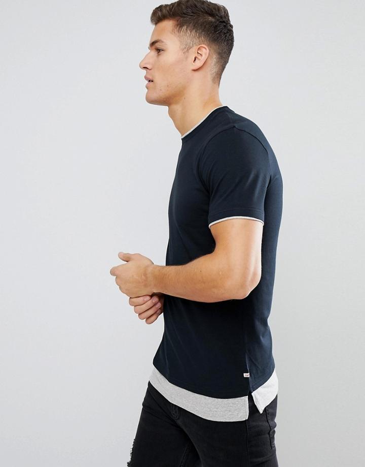 Jack & Jones Originals Longline T-shirt With Contrast Drop Hem Detail - Black