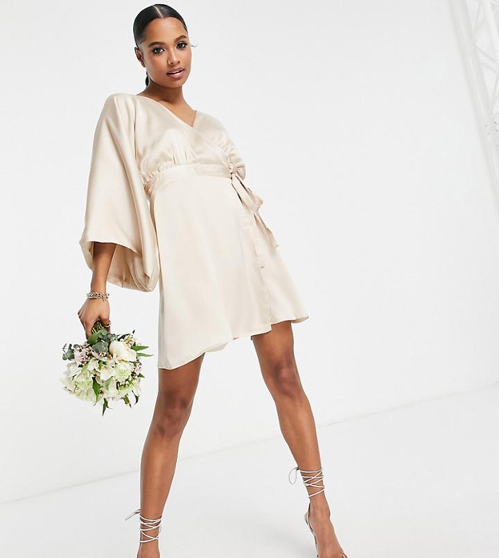 Tfnc Petite Bridesmaid Kimono Sleeve Satin Wrap Mini Dress In Mink-pink