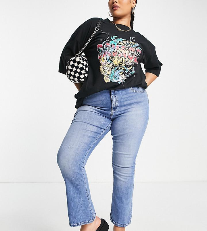 Only Curve Charlie Crop Flare Jean In Mid Blue Wash