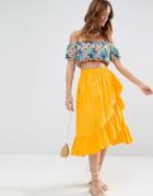 Asos Wrap Midi Skirt In Cotton With Ruffle Hem - Yellow