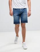 Asos Denim Shorts In Slim With Contrast Hem Detail Mid Blue - Blue