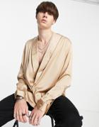 Asos Design Satin Shirt With Draped Wrap Front In Bronze-brown