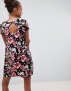 Brave Soul Swing Dress With Keyhole Back In Dark Floral Print - Black