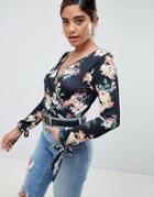 Asos Design Long Sleeve Tie Cuff Floral Print Wrap Daywear Body In Black - Black