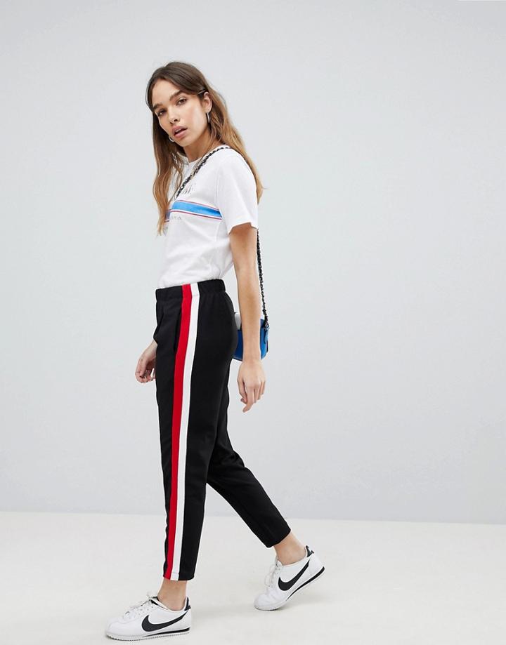Pull & Bear Contrast Side Stripe Pants - Black