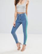 Asos Rivington High Waisted Denim Jegging In Mid Wash Blue With Green Sporty Side Stripe - Blue