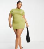 Public Desire Curve Double Layered Slinky Short Sleeve Mini Dress In Palm Green
