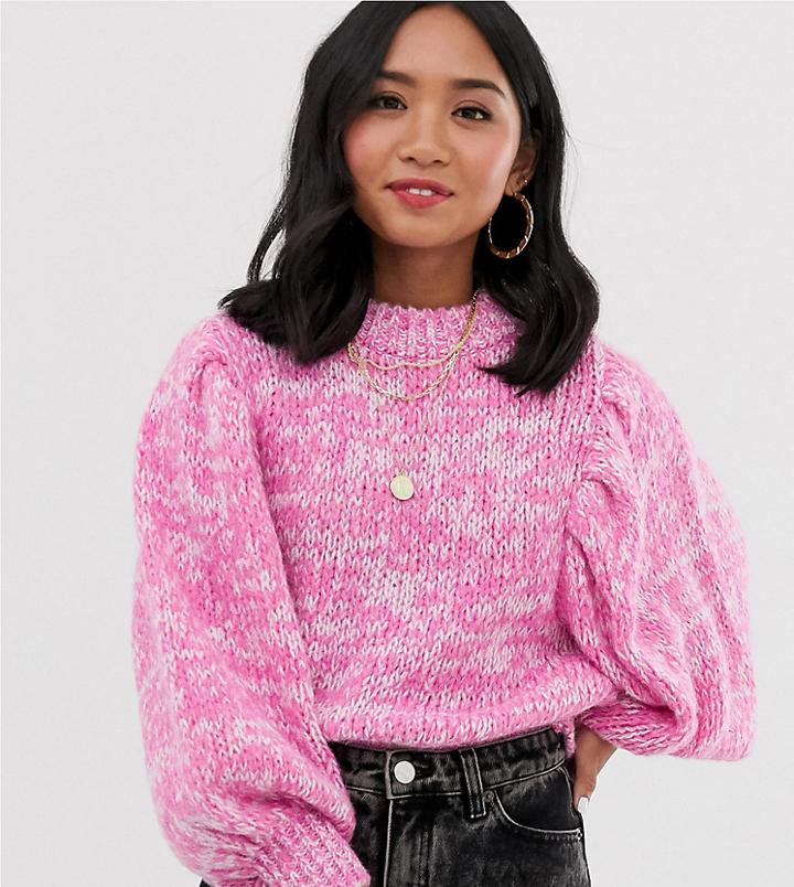Asos Design Petite Sweater In Lofty Yarn With Volume Sleeve-pink