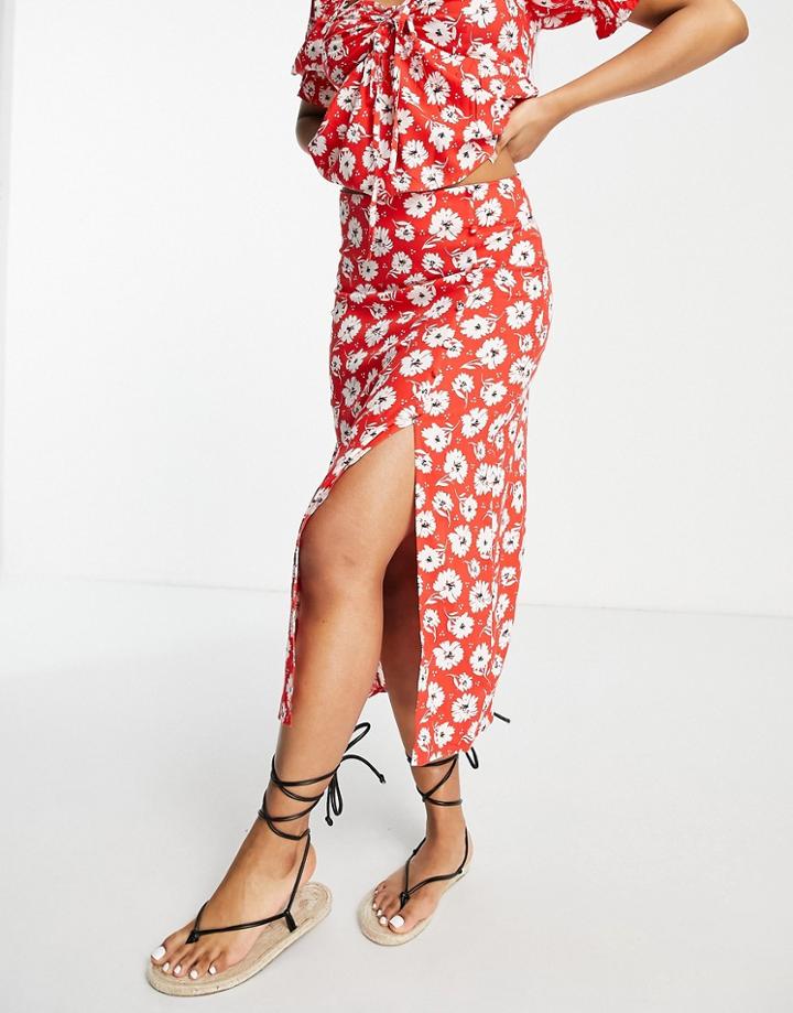 Miss Selfridge Midi Skirt With Split In Red Floral