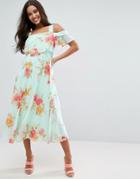 Asos Cami Cold Shoulder Flutter Sleeve Midi Dress In Floral Print - Multi
