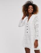 Asos Design Broderie Button Through Tiered Smock Mini Dress-white