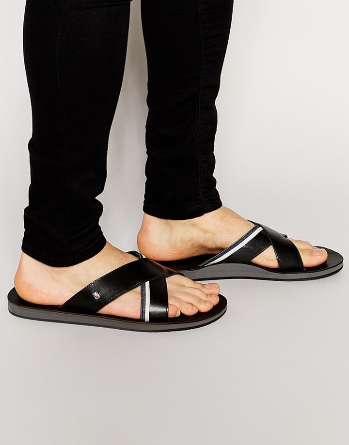 Tommy Hilfiger Leather Flip Flops - Black