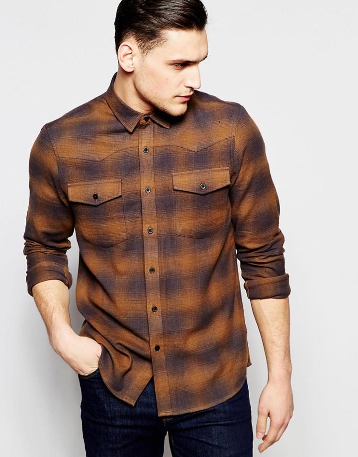 Asos Shadow Check Shirt In Western Styling With Long Sleeves - Camel
