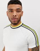 Asos Design Longline Raglan T-shirt With Curved Hem And Contrast Taping And Neck Trim With Interest Fabric Sleeves-white