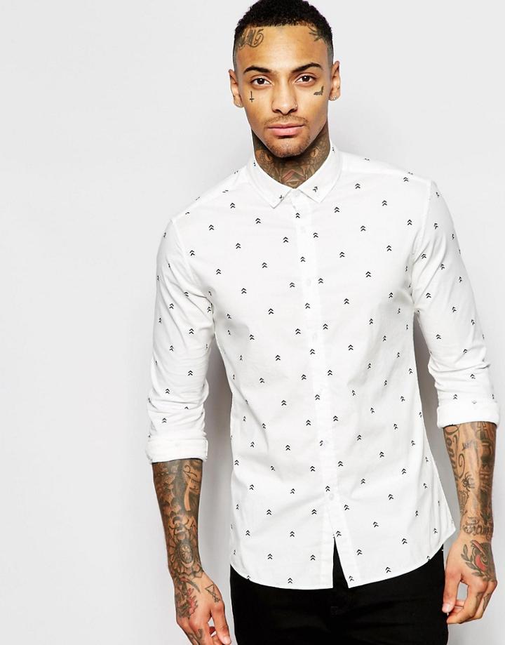 Asos Skinny Shirt With Arrow Print In Long Sleeve - White
