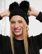 River Island Cable Knit Double Faux Fur Pompom Beanie Hat In Black