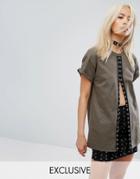 Milk It Vintage Oversized Festival T-shirt With Hook And Eye Trim - Green