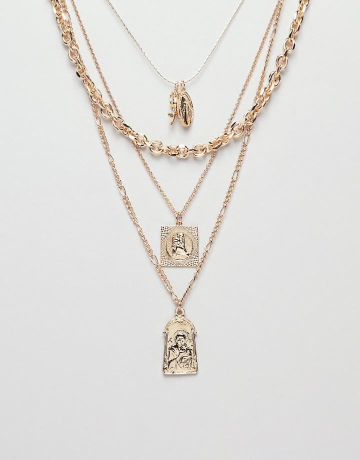 Asos Design Multirow Necklace With Vintage Style St Christopher And Religious Icon Charms In Gold - Gold