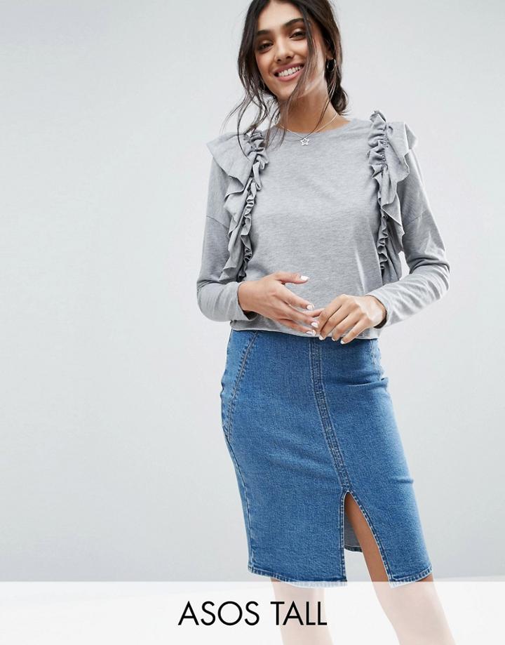 Asos Tall Ruffle Front Long Sleeve Top - Gray