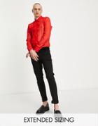 Asos Design Recycled Polyester Regular Sheer Shirt With Ruffle Front Detail In Recycled Polyester In Red