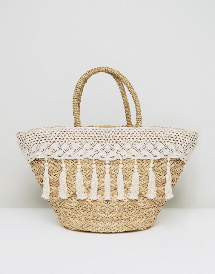 South Beach Cream Tassel & Crochet Straw Bag - White