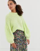 Asos Design Neon Stitch Detail Sweater With Balloon Sleeve - Green