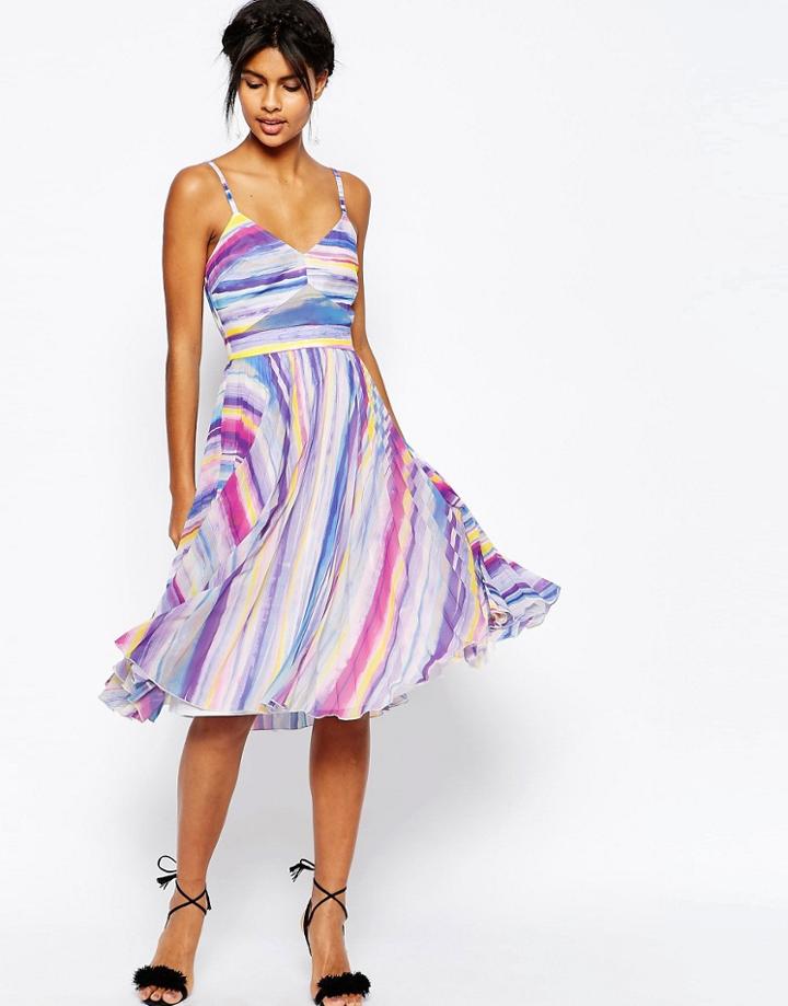 Asos Sheer And Solid Pleated Midi Dress In Bright Stripe - Multi