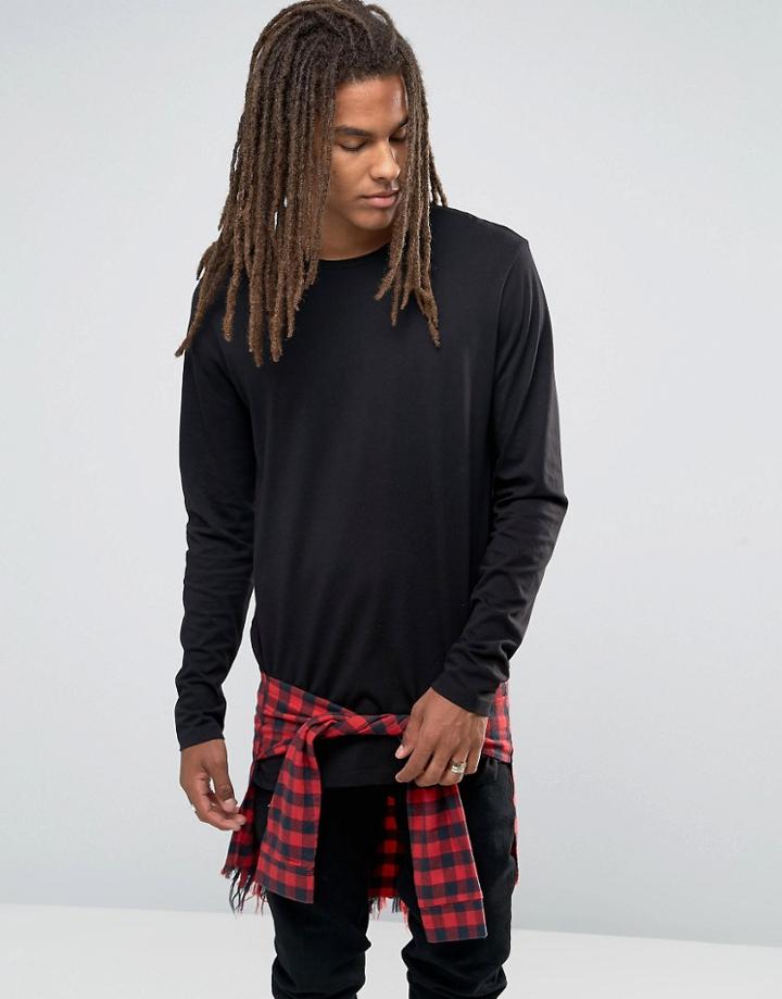 Asos Super Longline Long Sleeve T-shirt With Woven Check Underlayer - Black