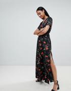 Prettylittlething V Neck Floral Maxi Dress - Black